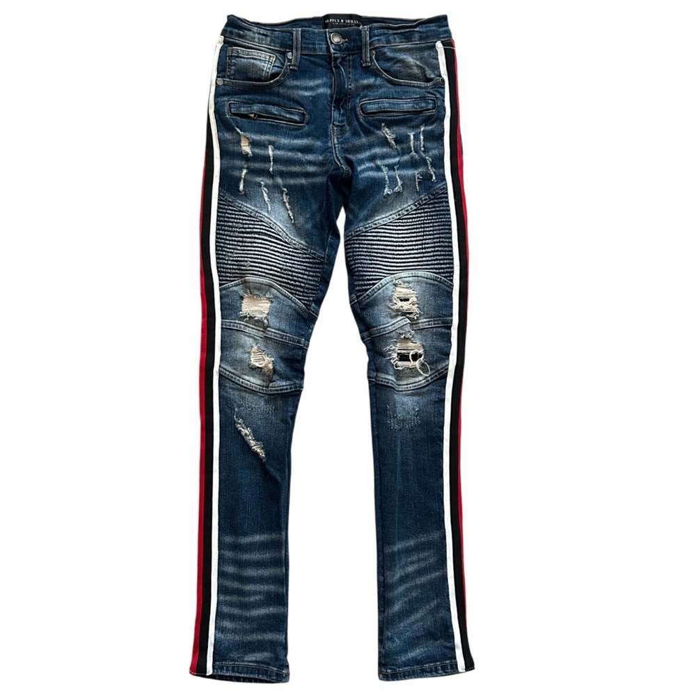 Supply & Demand Moto Biker Distressed Jeans Mens 30W S Skinny Blue Denim